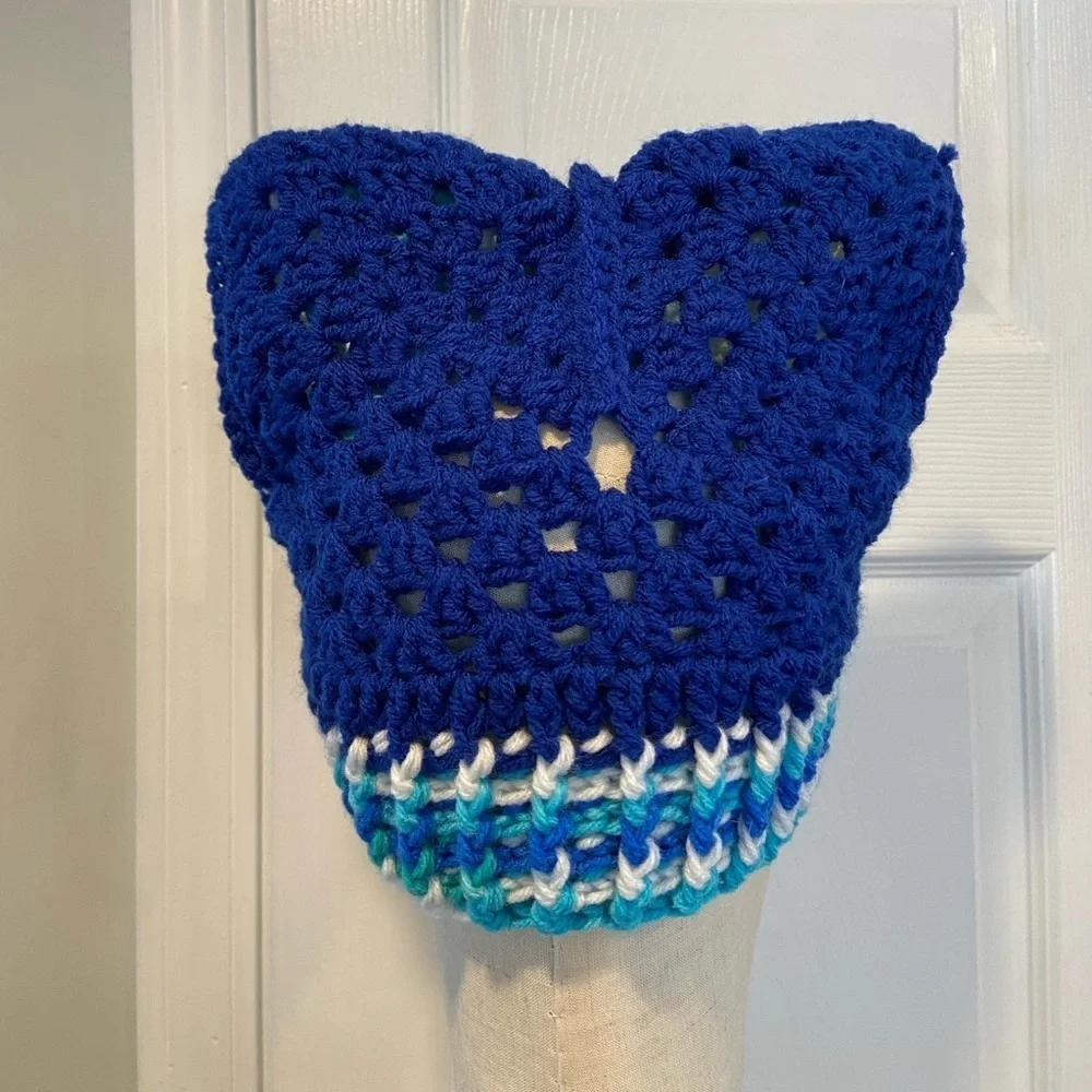 Handmade Crochet Cat Animal Ear Beanie Hat Cozy Ribbed Brim Stretch Winter Hat